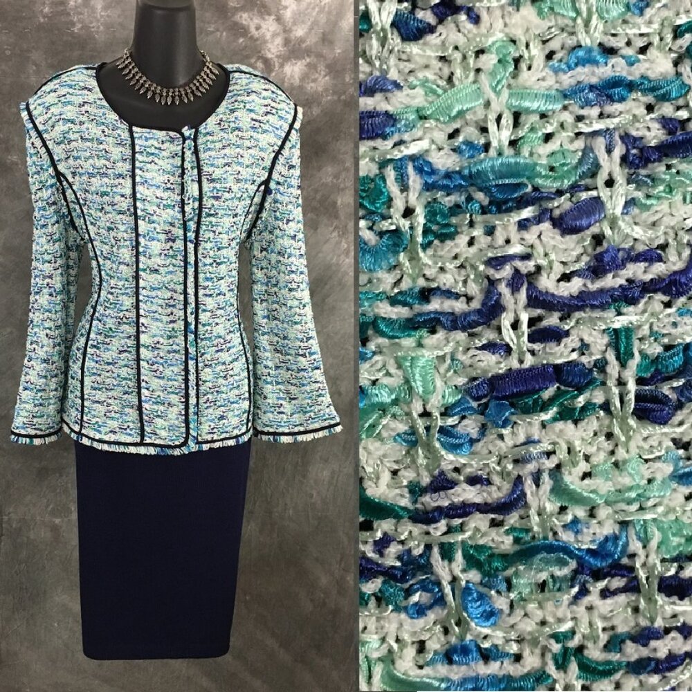 NWT NEW St John couture knit blue multi jacket skirt suit size M 12
